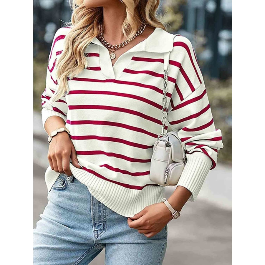 Striped Collared Neck Knit Top Wine / XS