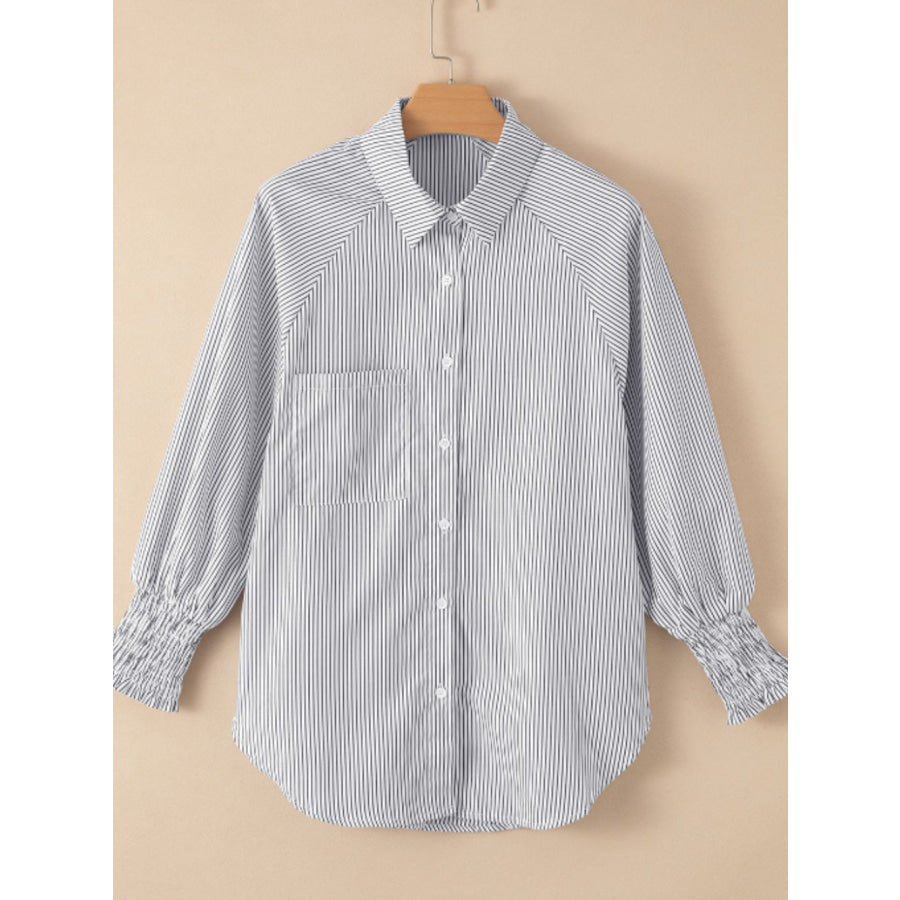 Striped Collared Neck Lantern Sleeve Shirt Apparel and Accessories