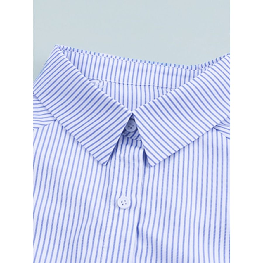 Striped Collared Neck Lantern Sleeve Shirt Apparel and Accessories