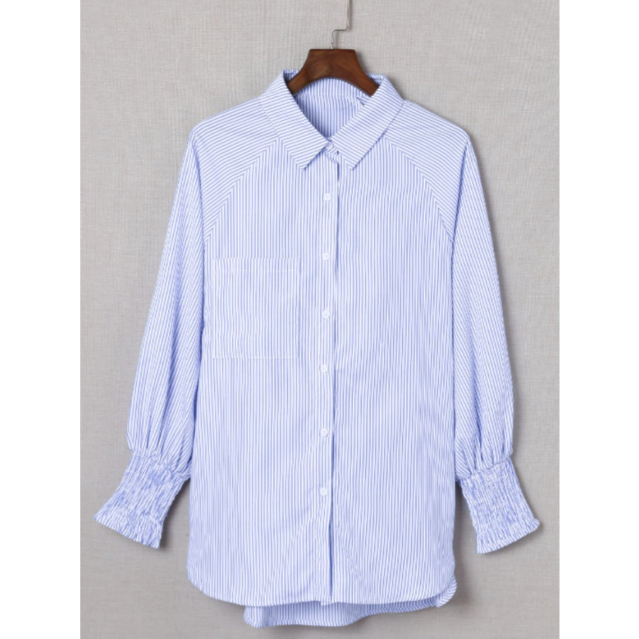 Striped Collared Neck Lantern Sleeve Shirt Apparel and Accessories