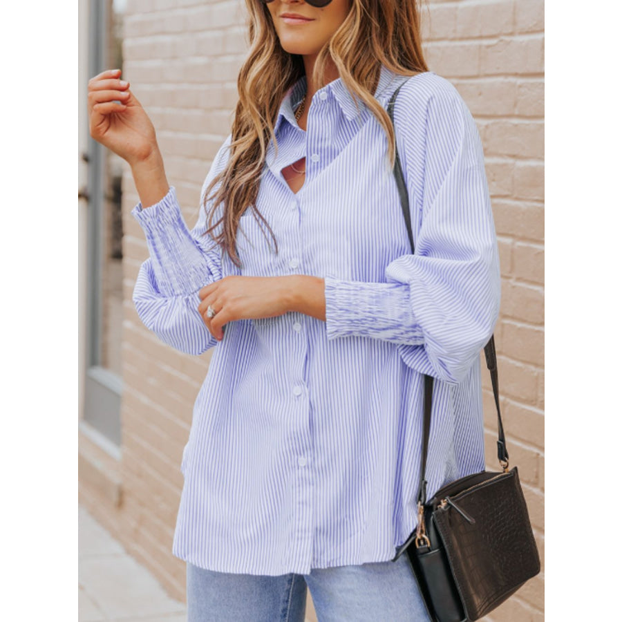 Striped Collared Neck Lantern Sleeve Shirt Apparel and Accessories