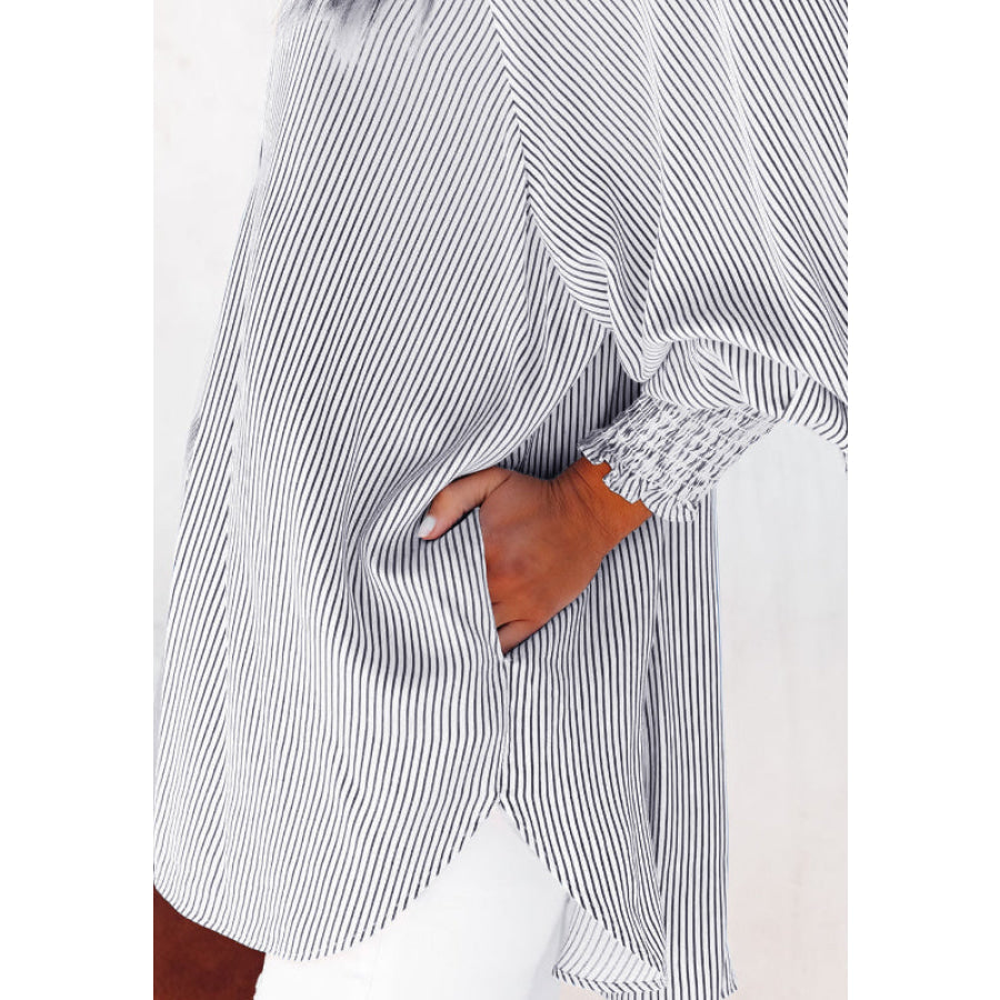 Striped Collared Neck Lantern Sleeve Shirt Apparel and Accessories