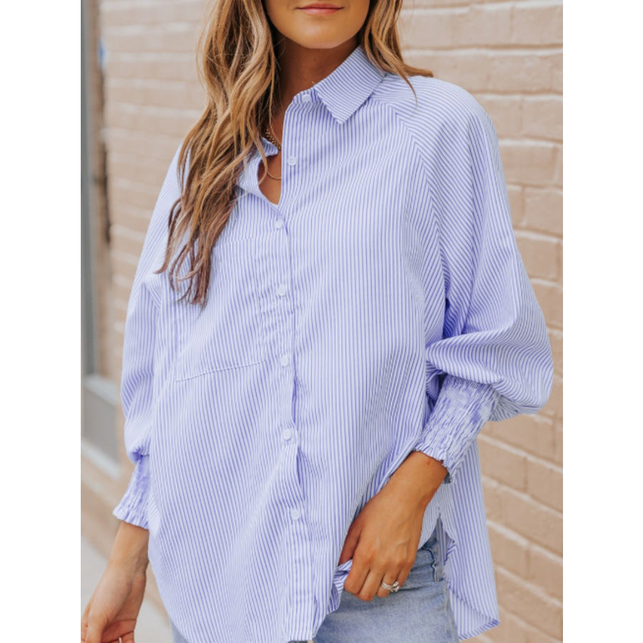 Striped Collared Neck Lantern Sleeve Shirt Apparel and Accessories