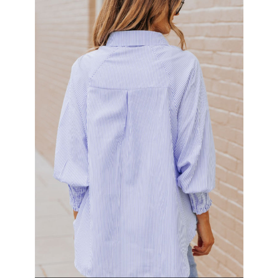 Striped Collared Neck Lantern Sleeve Shirt Apparel and Accessories