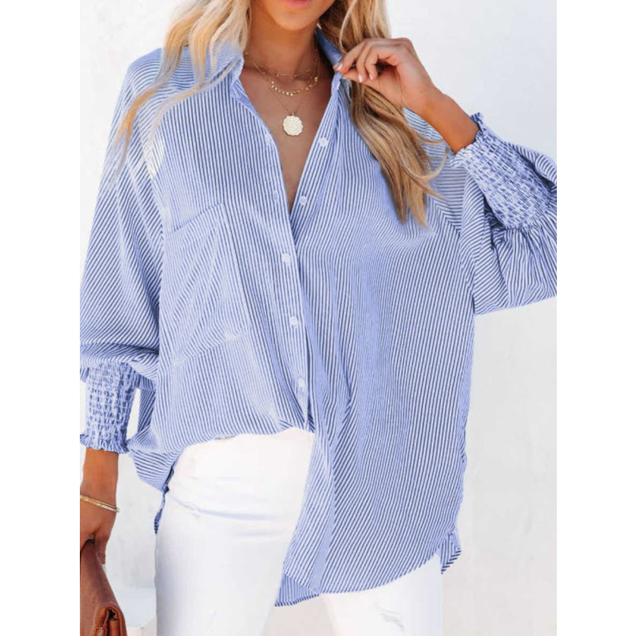 Striped Collared Neck Lantern Sleeve Shirt Light Blue / S Apparel and Accessories