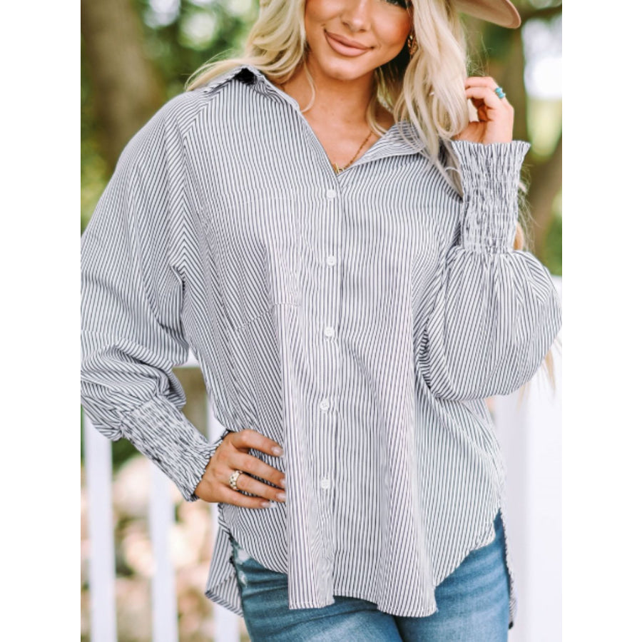 Striped Collared Neck Lantern Sleeve Shirt Light Gray / S Apparel and Accessories