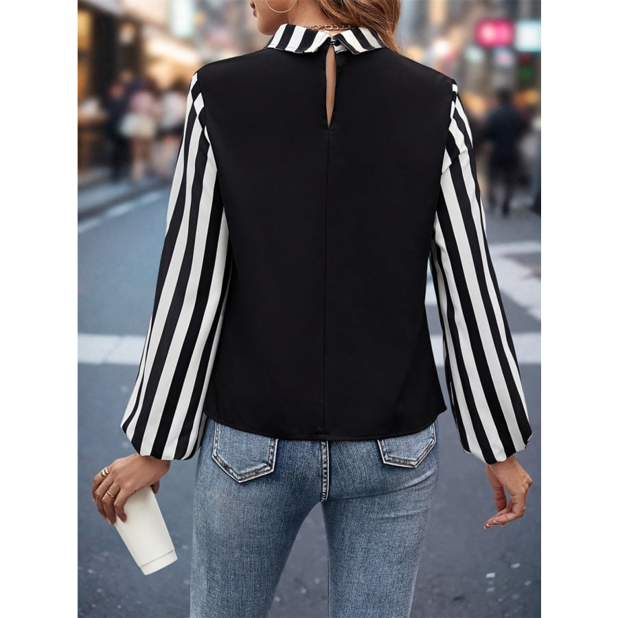 Striped Collared Neck Long Sleeve Blouse Apparel and Accessories