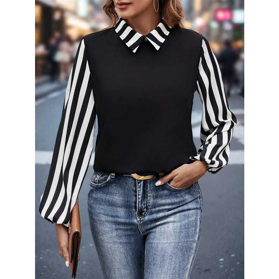 Striped Collared Neck Long Sleeve Blouse Black / S Apparel and Accessories