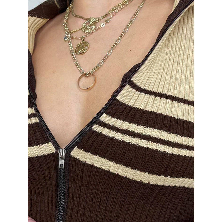 Striped Collared Neck Long Sleeve Knit Top Apparel and Accessories