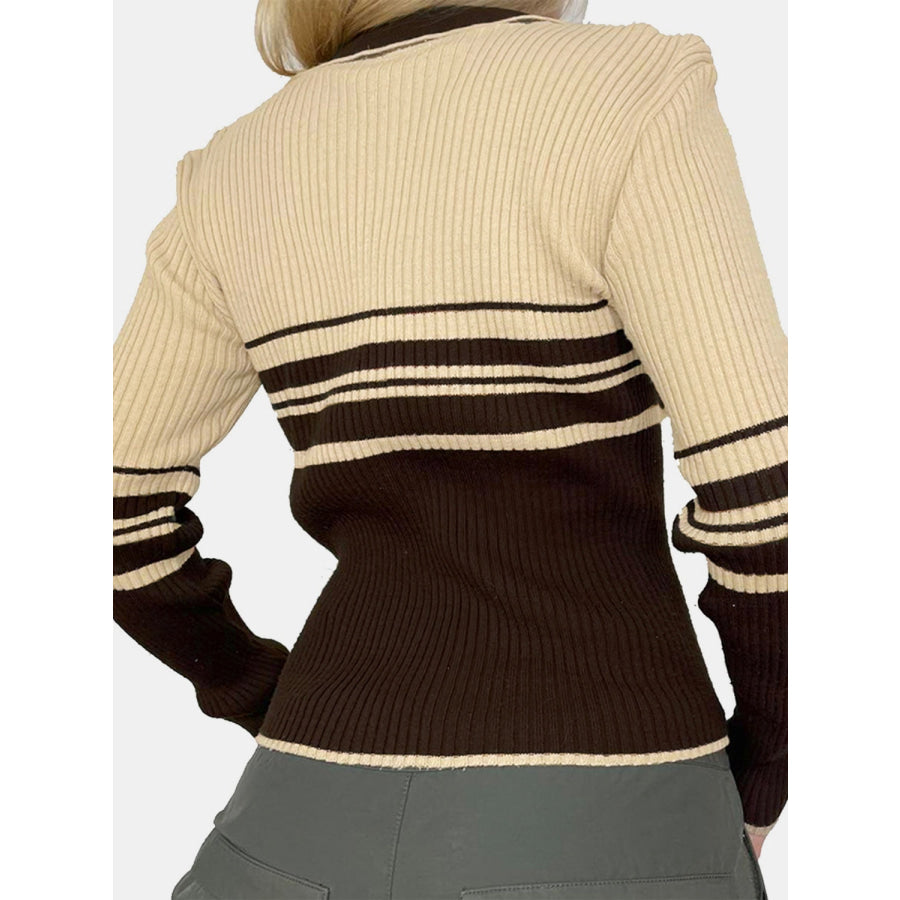 Striped Collared Neck Long Sleeve Knit Top Dark Brown / S Apparel and Accessories