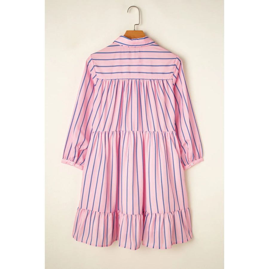 Striped Collared Neck Long Sleeve Mini Shirt Dress Apparel and Accessories