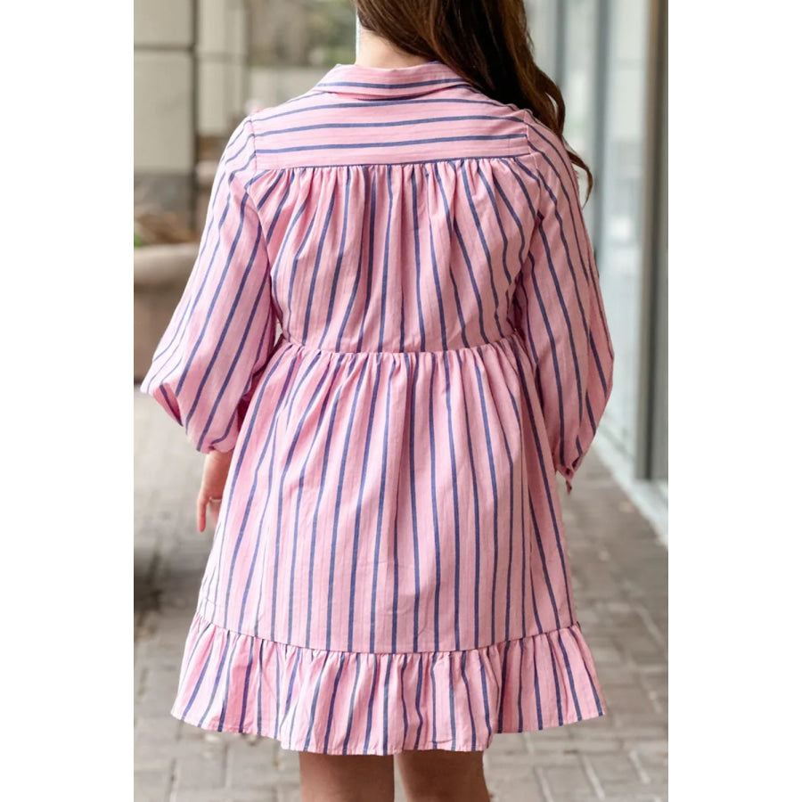 Striped Collared Neck Long Sleeve Mini Shirt Dress Apparel and Accessories