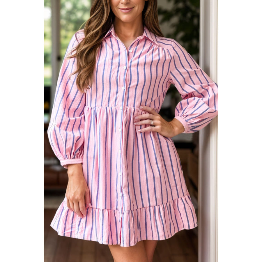 Striped Collared Neck Long Sleeve Mini Shirt Dress Blush Pink / S Apparel and Accessories