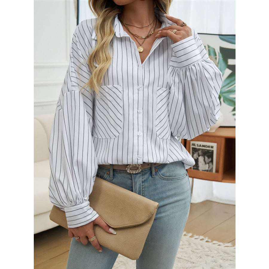 Striped Collared Neck Long Sleeve Shirt Apparel and Accessories