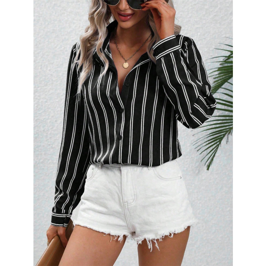 Striped Collared Neck Long Sleeve Shirt Apparel and Accessories