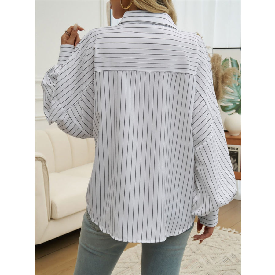 Striped Collared Neck Long Sleeve Shirt Apparel and Accessories