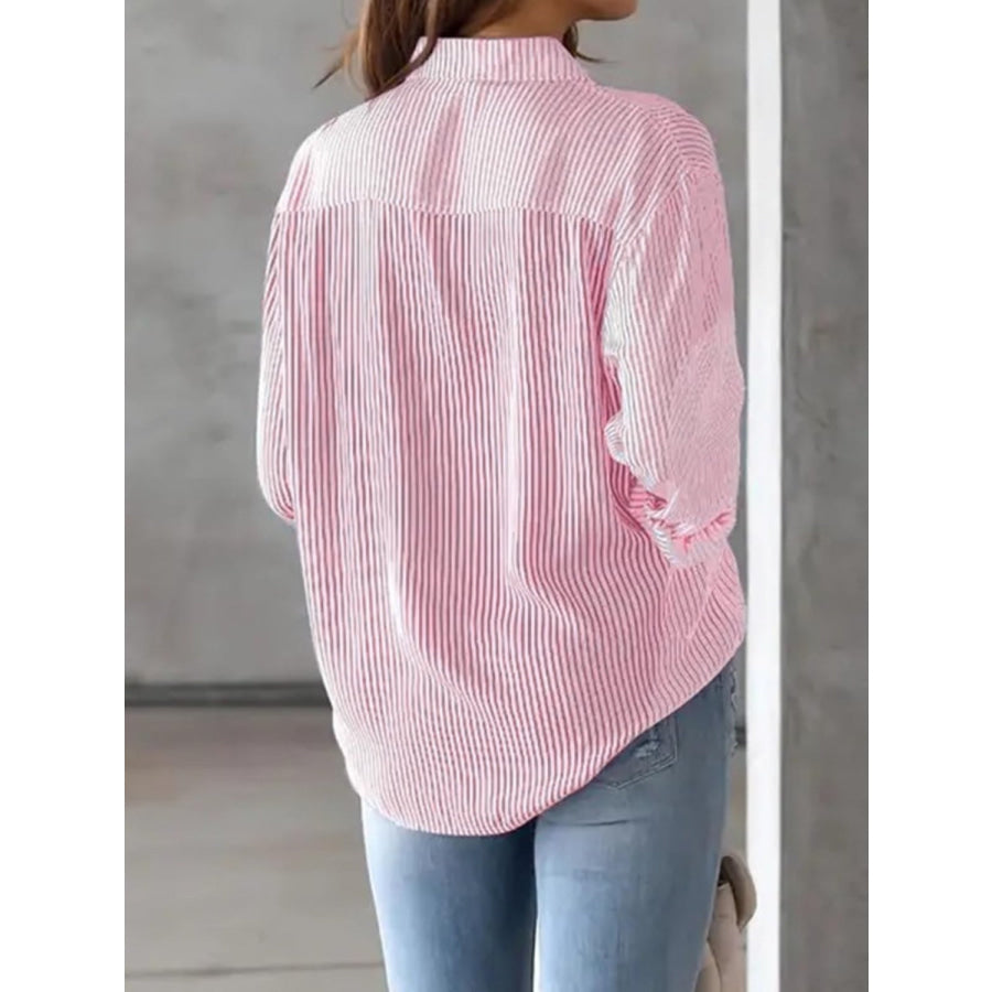 Striped Collared Neck Long Sleeve Shirt Apparel and Accessories