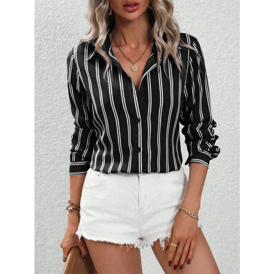 Striped Collared Neck Long Sleeve Shirt Apparel and Accessories