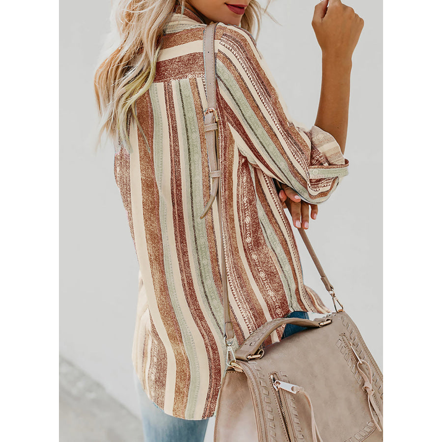 Striped Collared Neck Long Sleeve Shirt Brown / S Apparel and Accessories