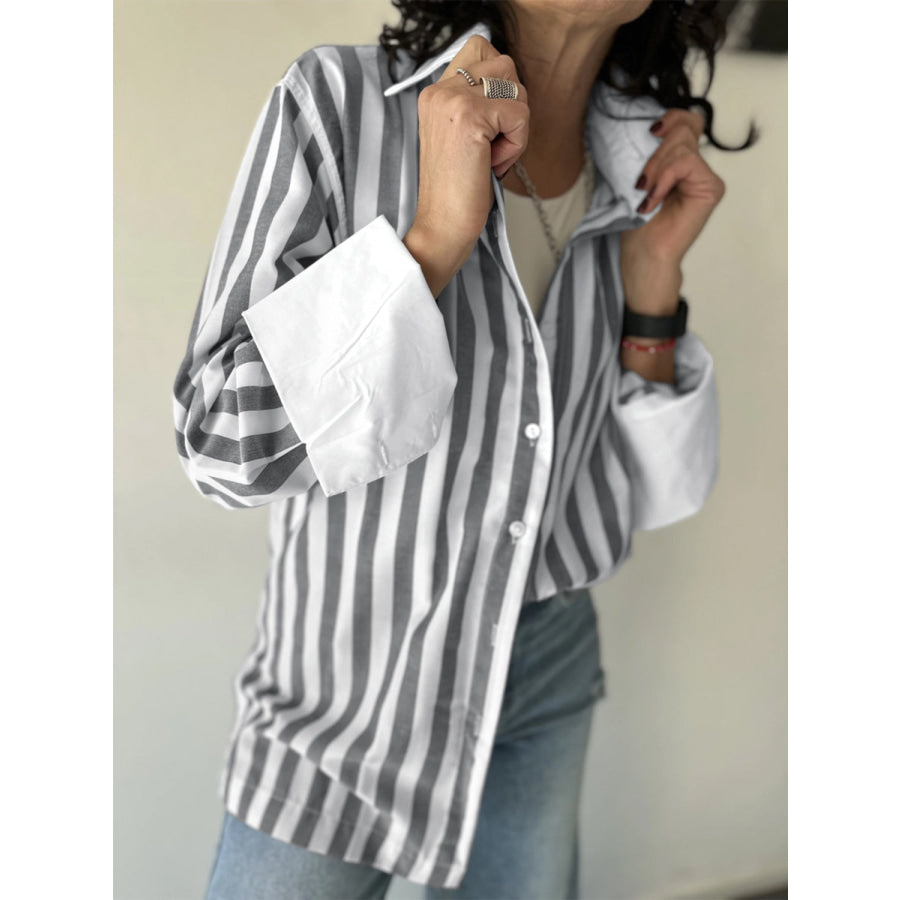 Striped Collared Neck Long Sleeve Shirt Apparel and Accessories