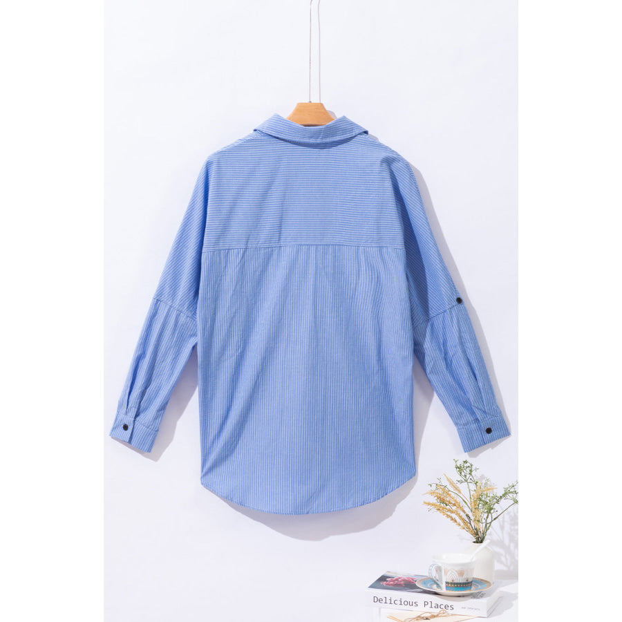 Striped Collared Neck Long Sleeve Shirt Apparel and Accessories