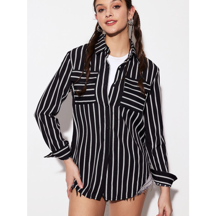 Striped Collared Neck Long Sleeve Shirt Apparel and Accessories