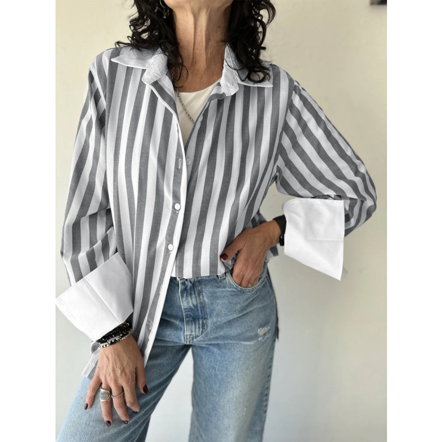 Striped Collared Neck Long Sleeve Shirt Apparel and Accessories