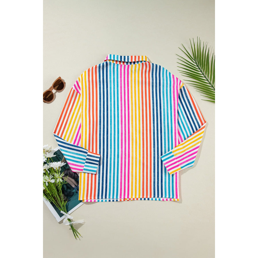 Striped Collared Neck Long Sleeve Shirt Stripe / S Apparel and Accessories