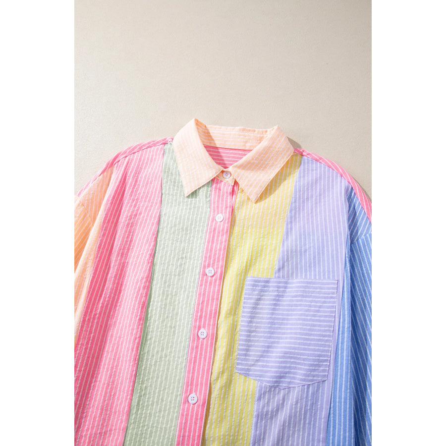 Striped Collared Neck Long Sleeve Shirt Apparel and Accessories