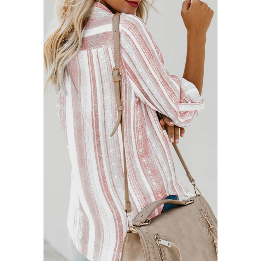 Striped Collared Neck Long Sleeve Shirt Apparel and Accessories