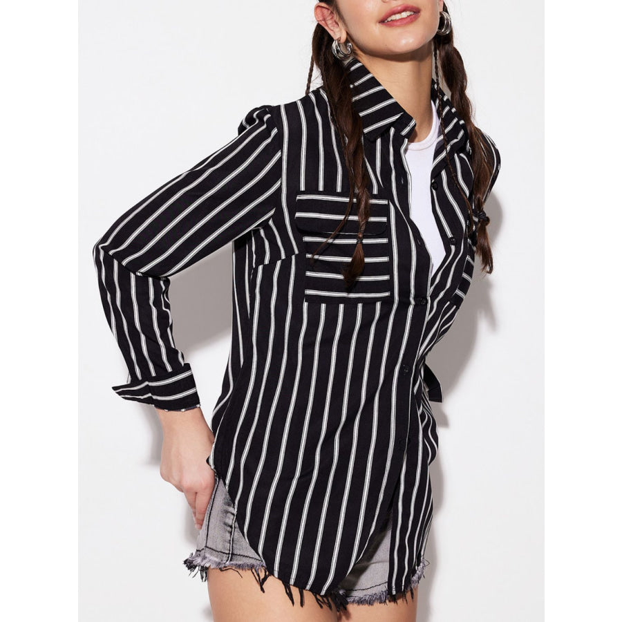 Striped Collared Neck Long Sleeve Shirt Apparel and Accessories