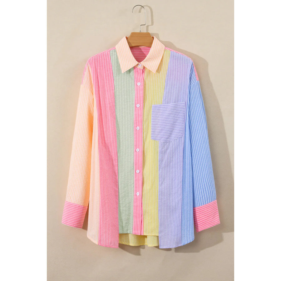 Striped Collared Neck Long Sleeve Shirt Pink / S Apparel and Accessories