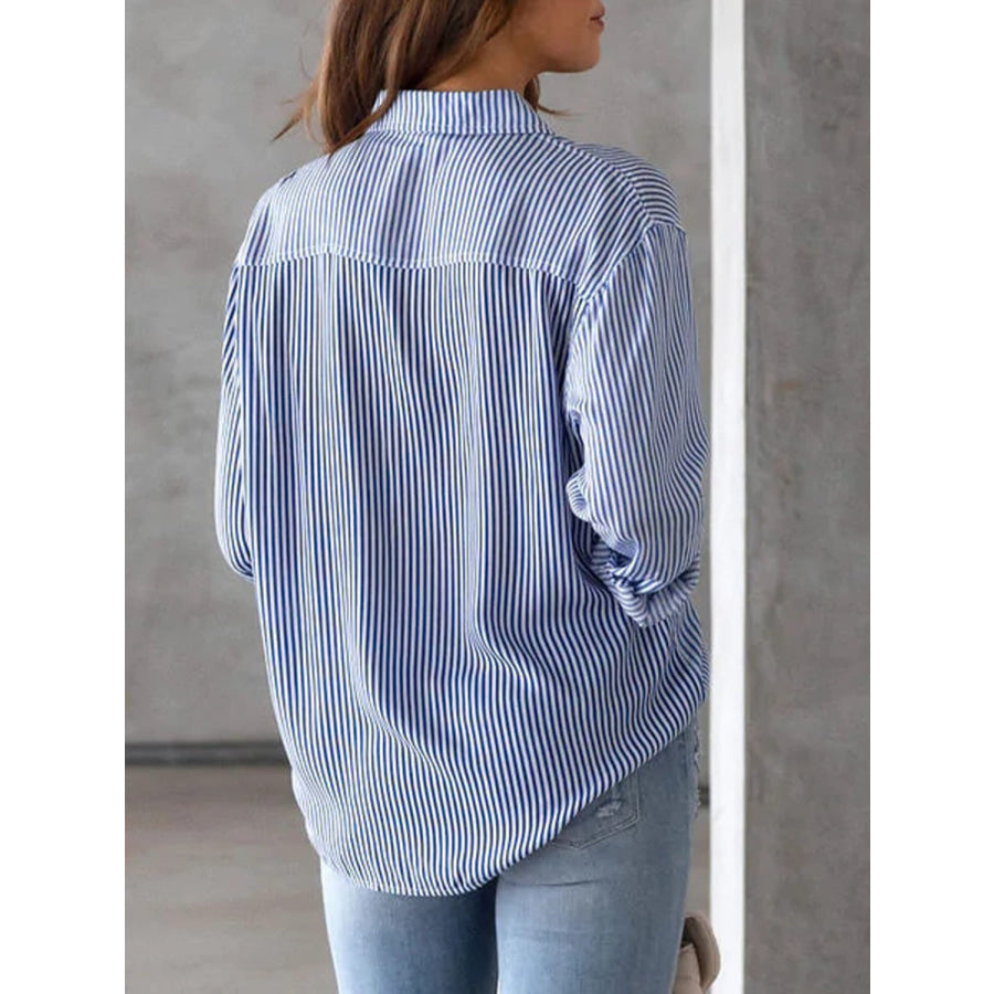 Striped Collared Neck Long Sleeve Shirt Apparel and Accessories