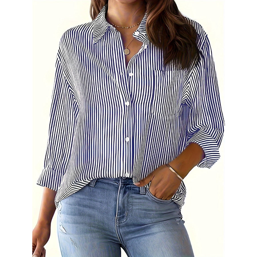 Striped Collared Neck Long Sleeve Shirt Apparel and Accessories