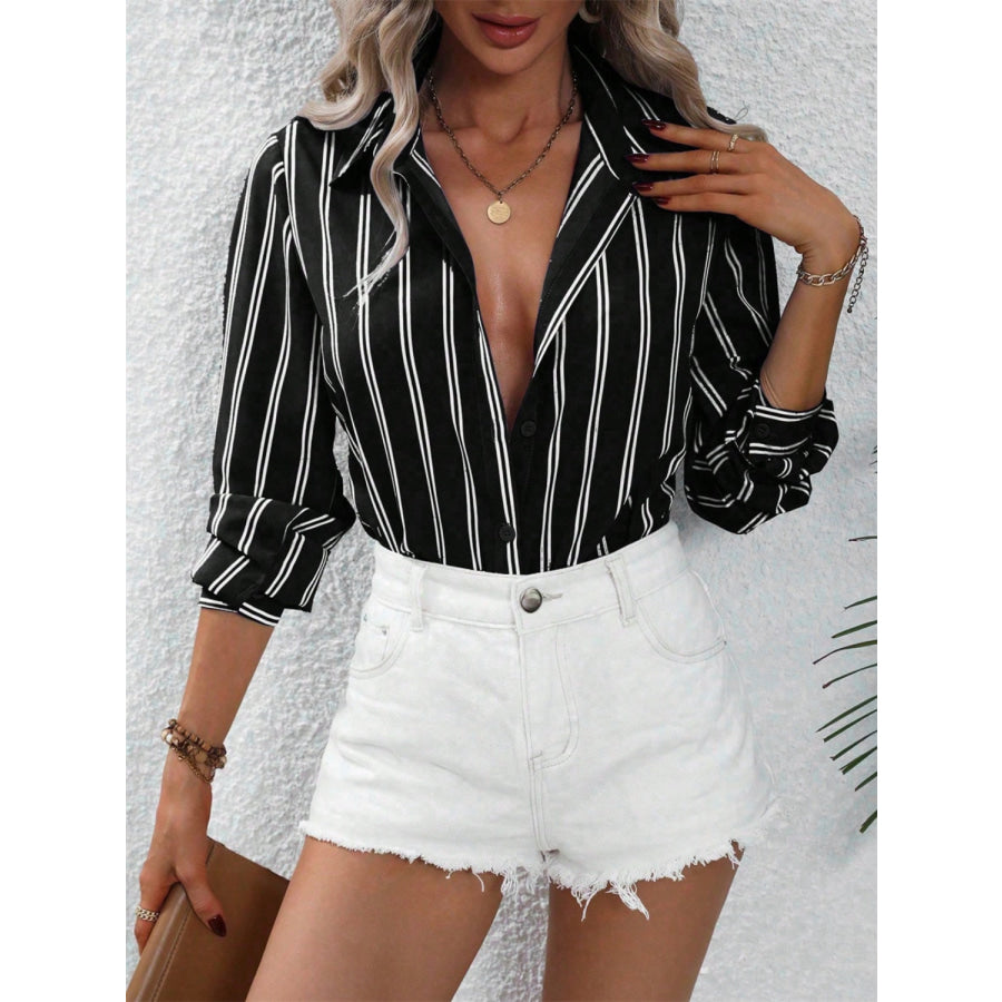 Striped Collared Neck Long Sleeve Shirt Apparel and Accessories