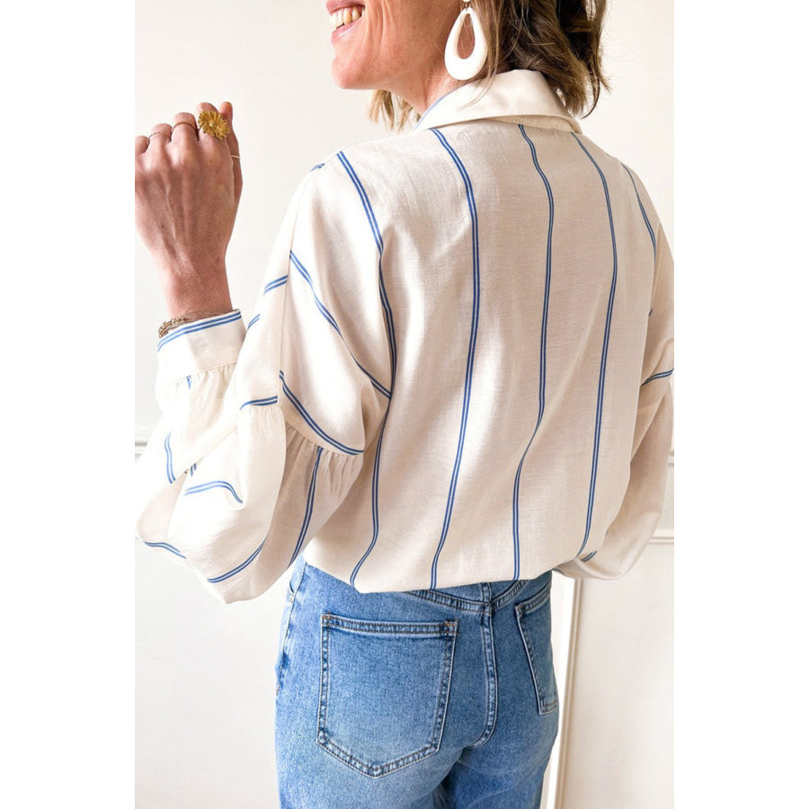 Striped Collared Neck Long Sleeve Shirt Ivory / S Apparel and Accessories