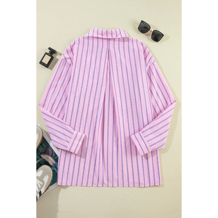 Striped Collared Neck Long Sleeve Shirt Apparel and Accessories