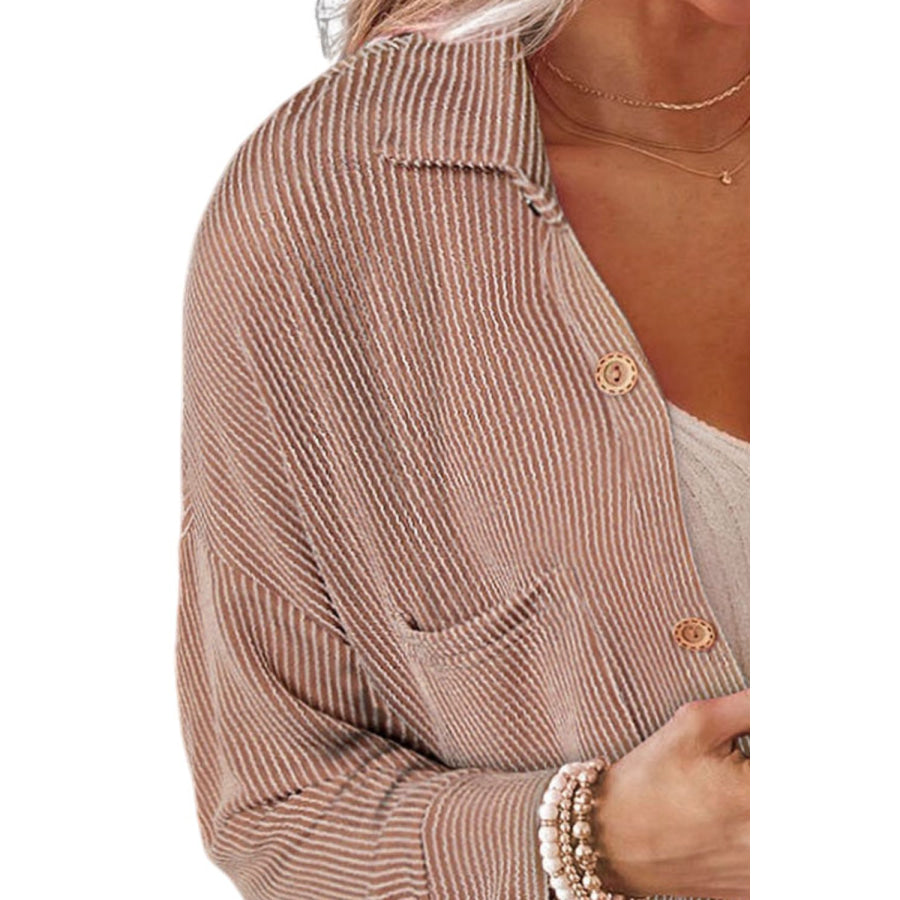 Striped Collared Neck Long Sleeve Shirt Apparel and Accessories