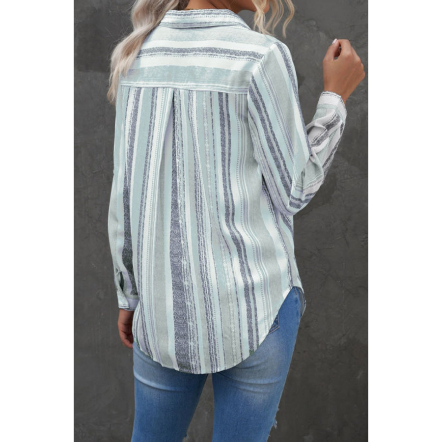 Striped Collared Neck Long Sleeve Shirt Apparel and Accessories