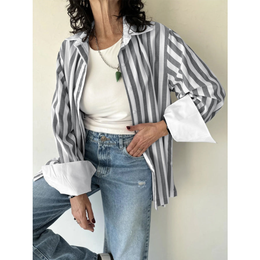 Striped Collared Neck Long Sleeve Shirt Apparel and Accessories