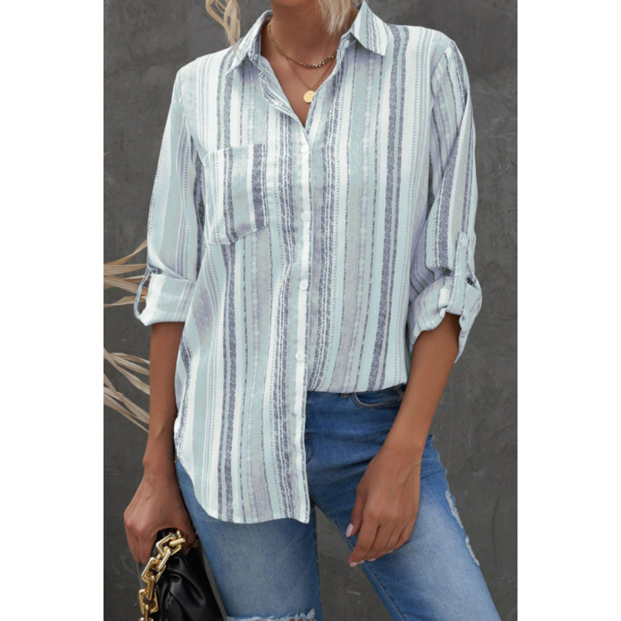 Striped Collared Neck Long Sleeve Shirt Apparel and Accessories