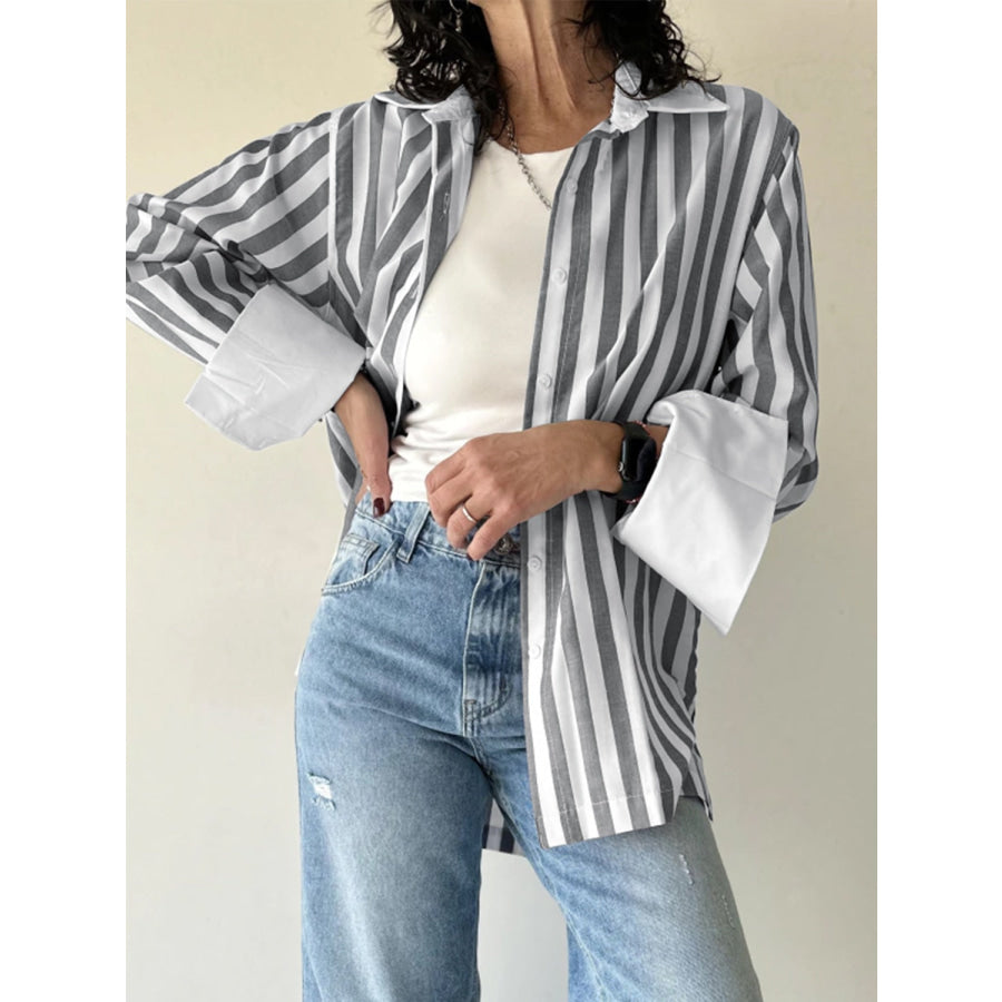 Striped Collared Neck Long Sleeve Shirt Apparel and Accessories