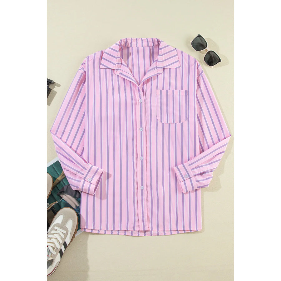 Striped Collared Neck Long Sleeve Shirt Apparel and Accessories