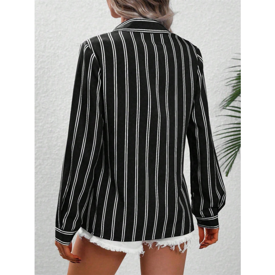 Striped Collared Neck Long Sleeve Shirt Apparel and Accessories