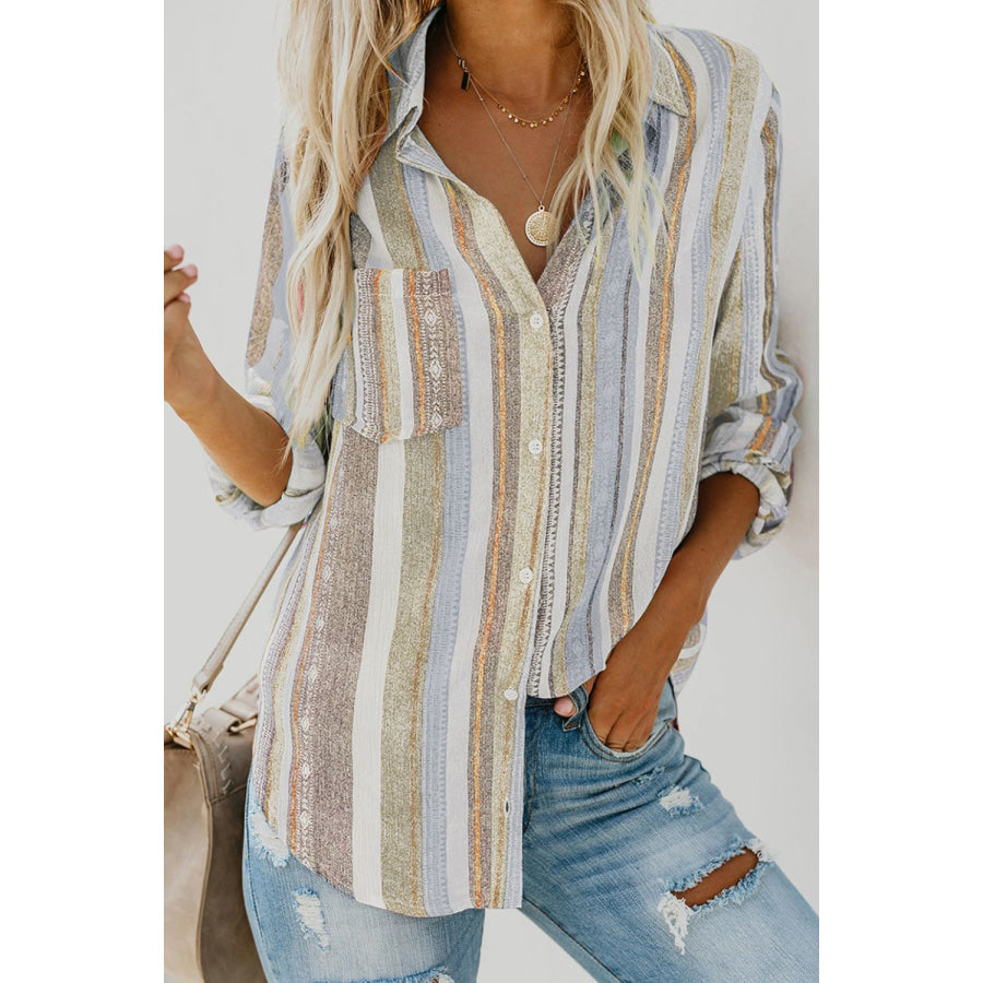 Striped Collared Neck Long Sleeve Shirt Beige / S Apparel and Accessories