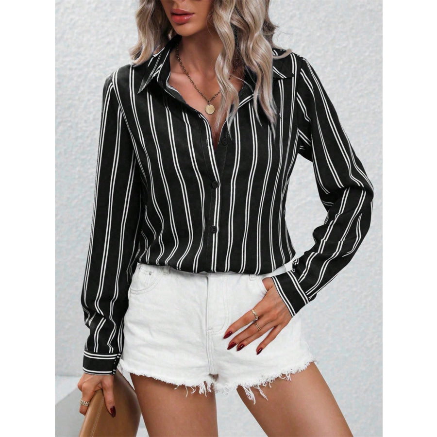 Striped Collared Neck Long Sleeve Shirt Black / S Apparel and Accessories