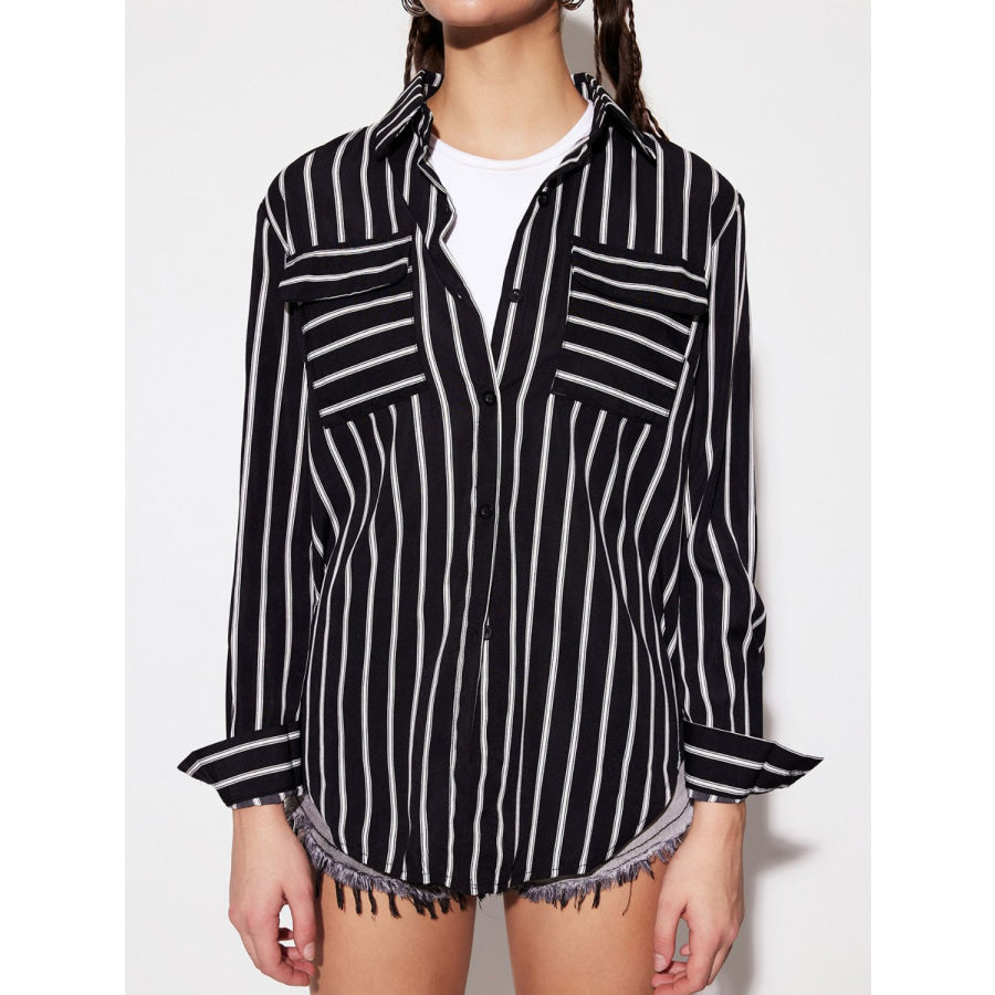 Striped Collared Neck Long Sleeve Shirt Black / S Apparel and Accessories