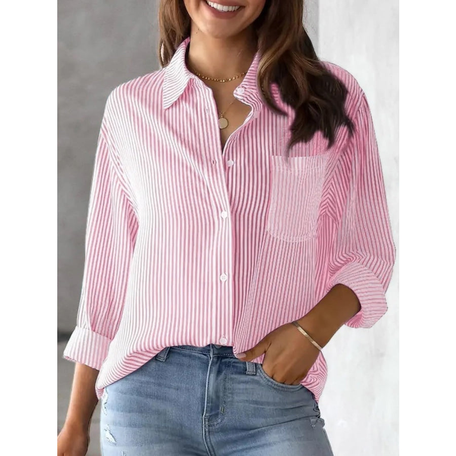 Striped Collared Neck Long Sleeve Shirt Blush Pink / S Apparel and Accessories