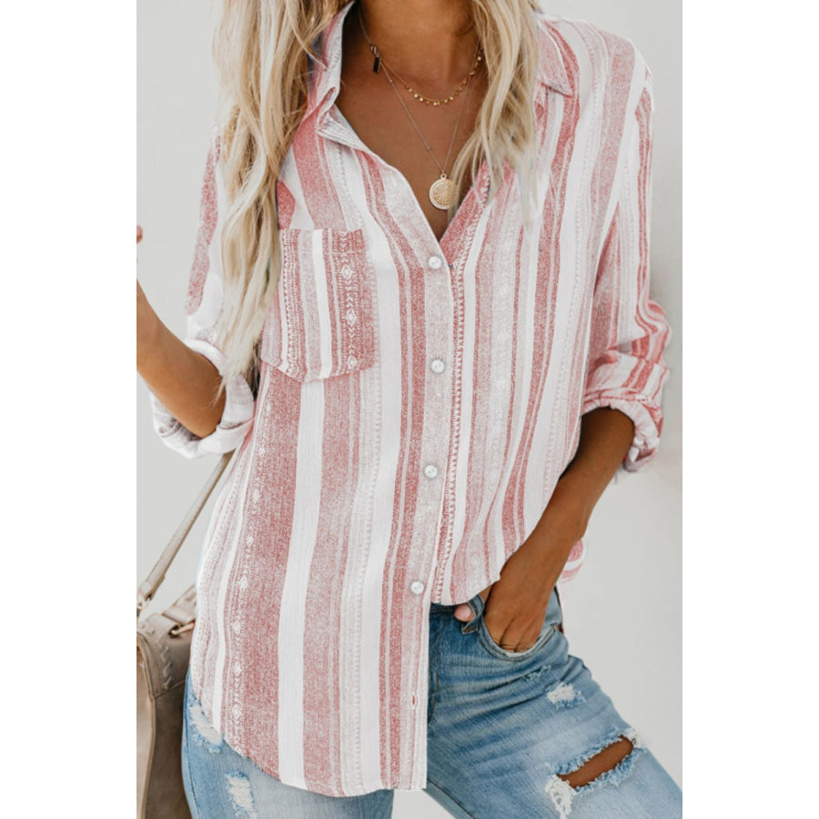 Striped Collared Neck Long Sleeve Shirt Blush Pink / S Apparel and Accessories