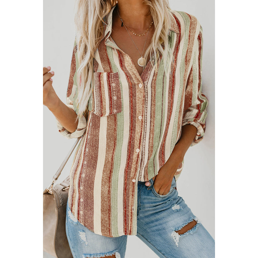 Striped Collared Neck Long Sleeve Shirt Brown / S Apparel and Accessories